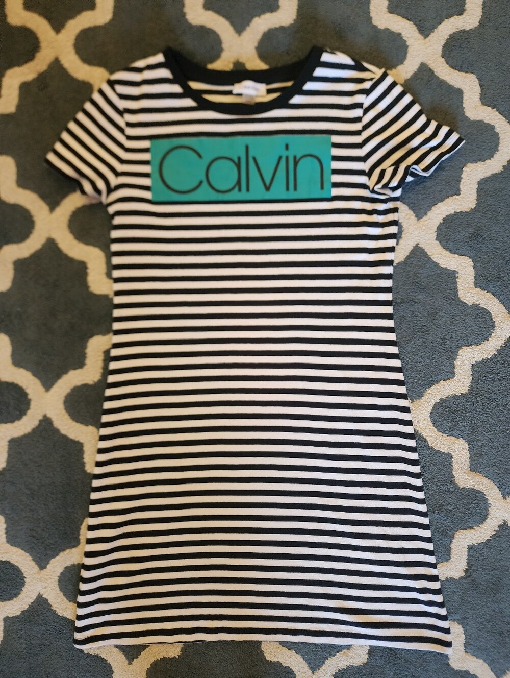 Calvin Klein Black & White Striped Dress with Teal Logo Patch